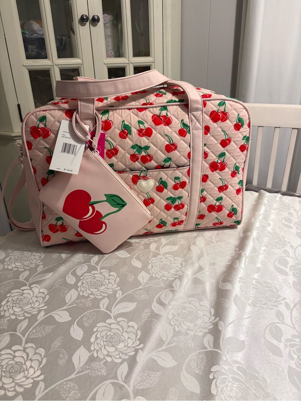Pink Quilted Cherry Print Travel Bag with Matching Cherry Pouch